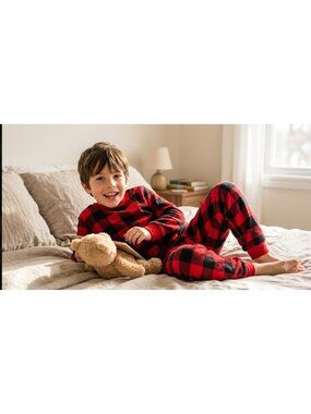 Red & Black Buffalo Plaid Kids Pajama Set By Cat & Jack Size 8 Soft Polyester